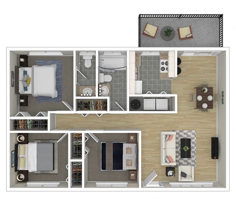 Floor plan for 3 beds, 2 baths, 895 sqft
